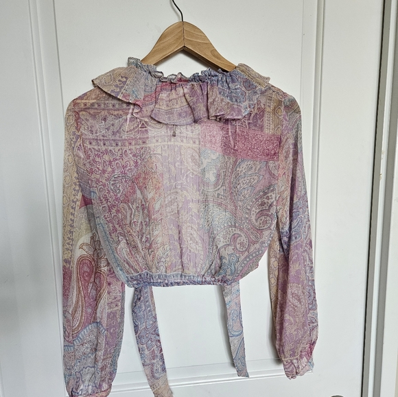 ZARA PAISLEY BLOUSE RUFFLE TOP PATCHWORK TIE FRONT CROP SHIRT BOHO SZ M - Picture 4 of 5